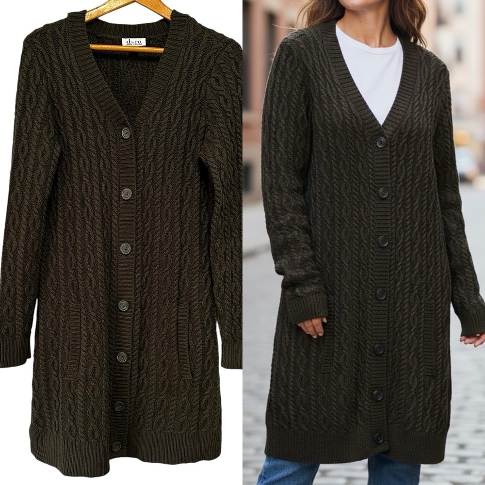 D&Co 90s Olive Green Thick Chunky Cable Knit Duster Cardigan Size Small